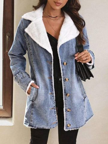 LUNE Lapel Neck Fleece Lined Denim Coat Shein