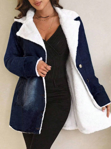 LUNE Lapel Neck Fleece Lined Denim Coat Shein