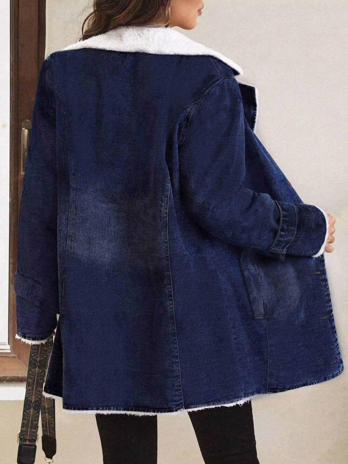 LUNE Lapel Neck Fleece Lined Denim Coat Shein