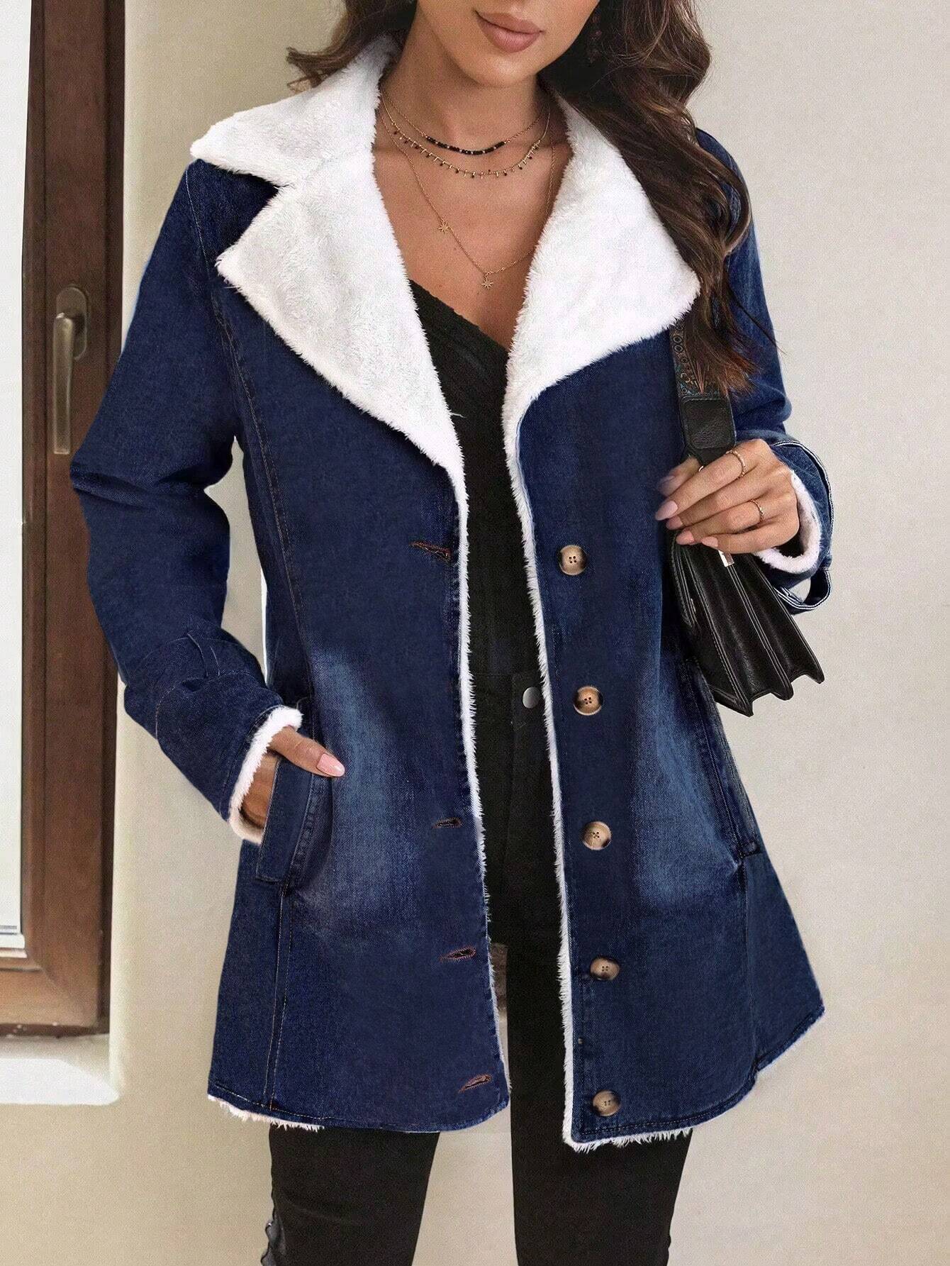 LUNE Lapel Neck Fleece Lined Denim Coat Shein