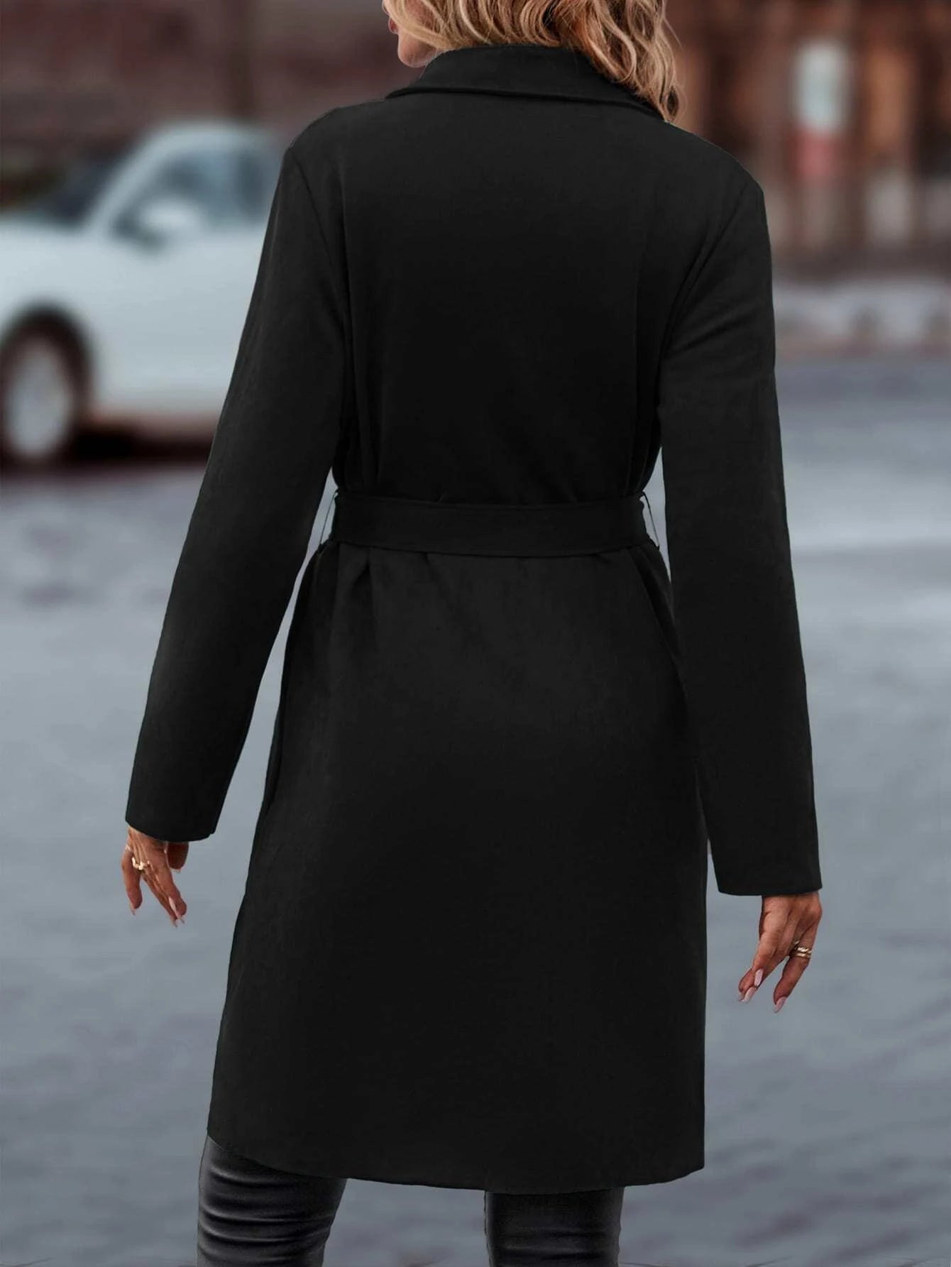 LUNE Lapel Neck Slant Pockets Open Front Belted Coat Shein