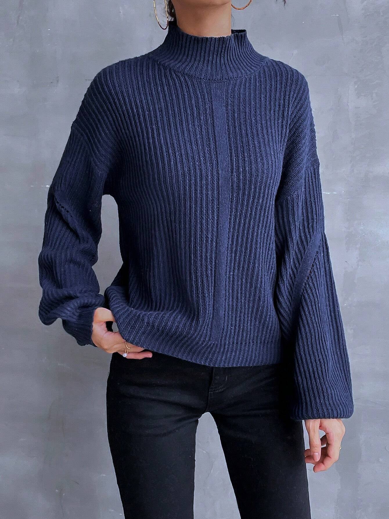 LUNE Mock Neck Drop Shoulder Sweater Shein