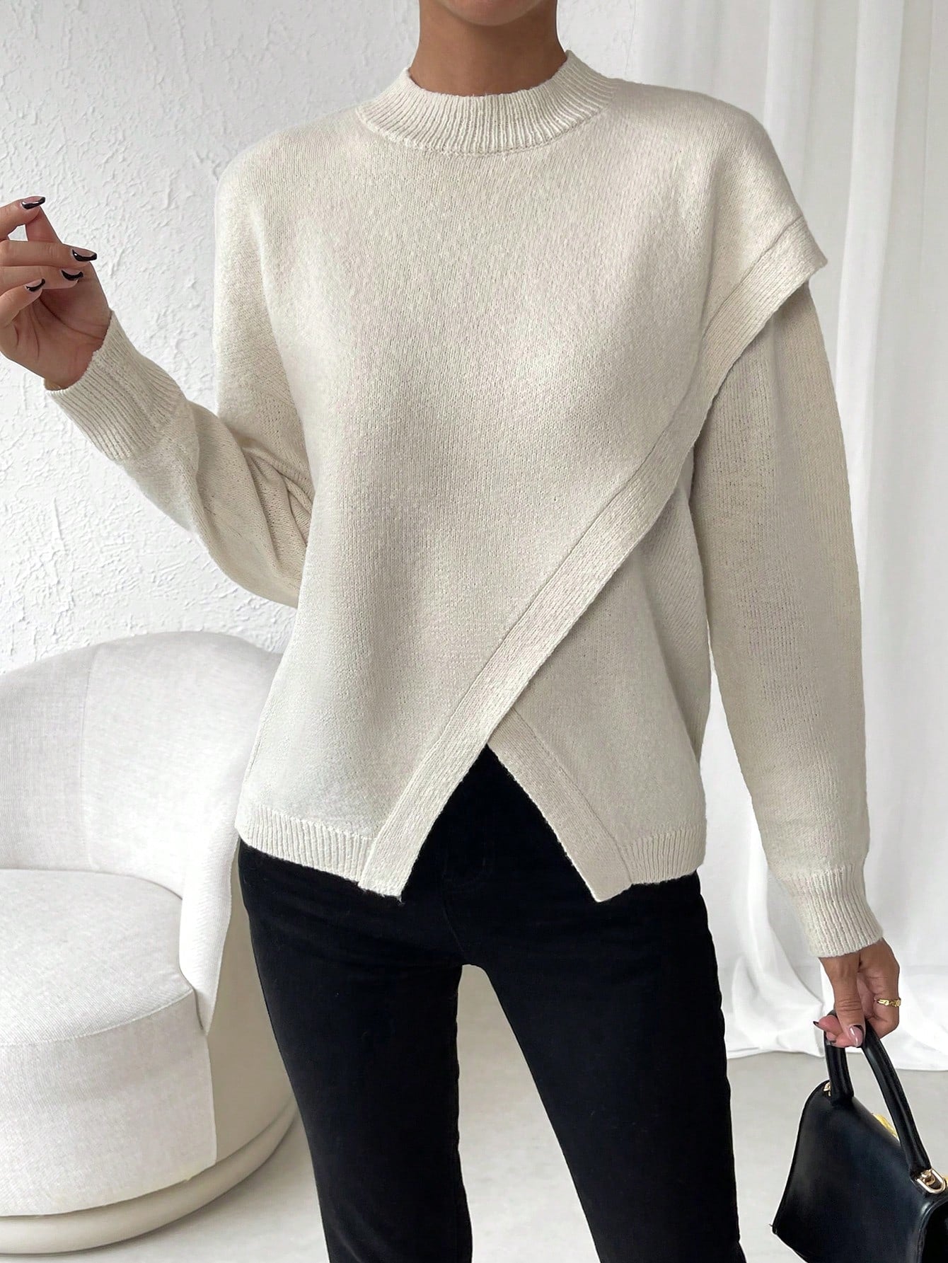 LUNE Solid Drop Shoulder Wrap Detail Sweater Shein