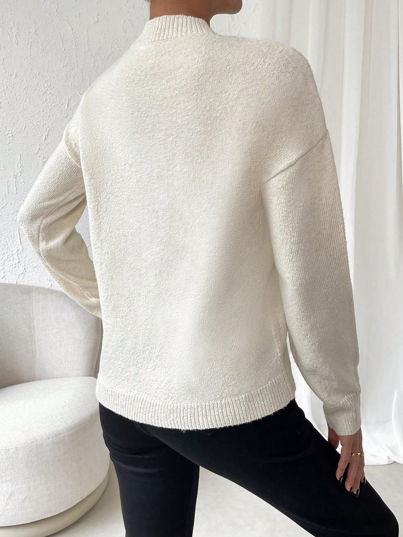 LUNE Solid Drop Shoulder Wrap Detail Sweater Shein