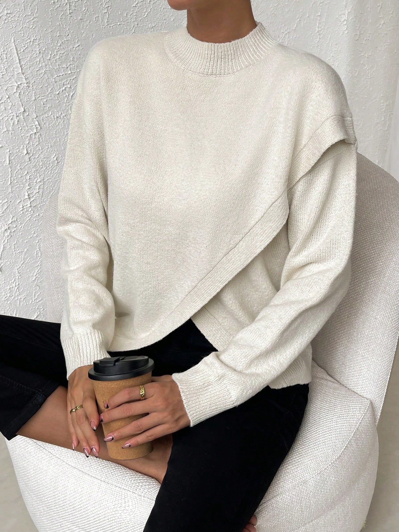 LUNE Solid Drop Shoulder Wrap Detail Sweater Shein