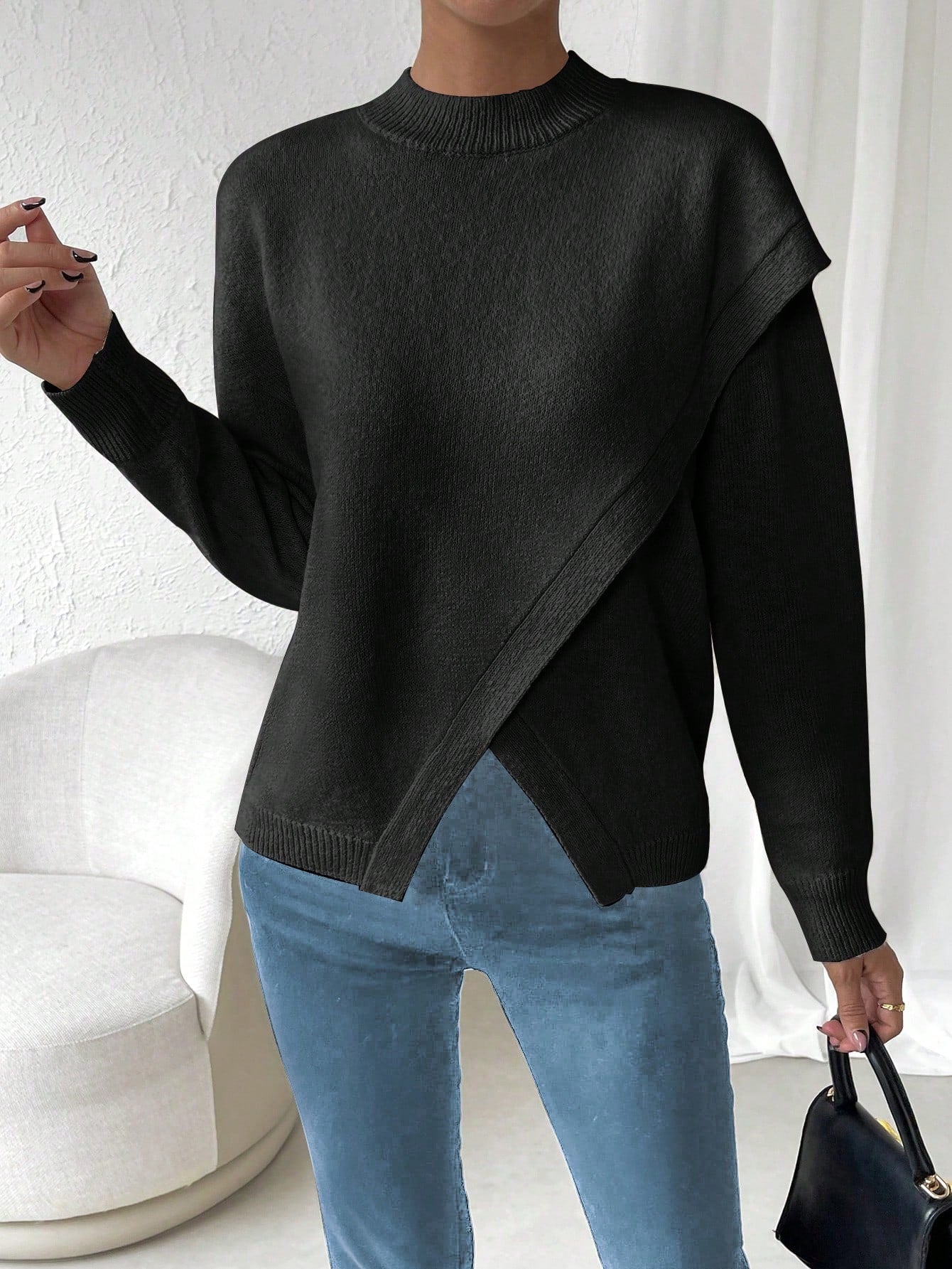 LUNE Solid Drop Shoulder Wrap Detail Sweater Shein