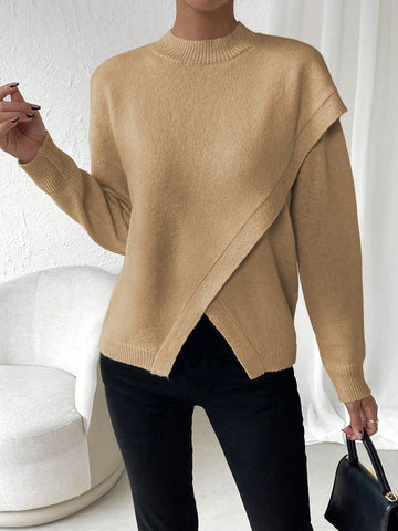 LUNE Solid Drop Shoulder Wrap Detail Sweater Shein