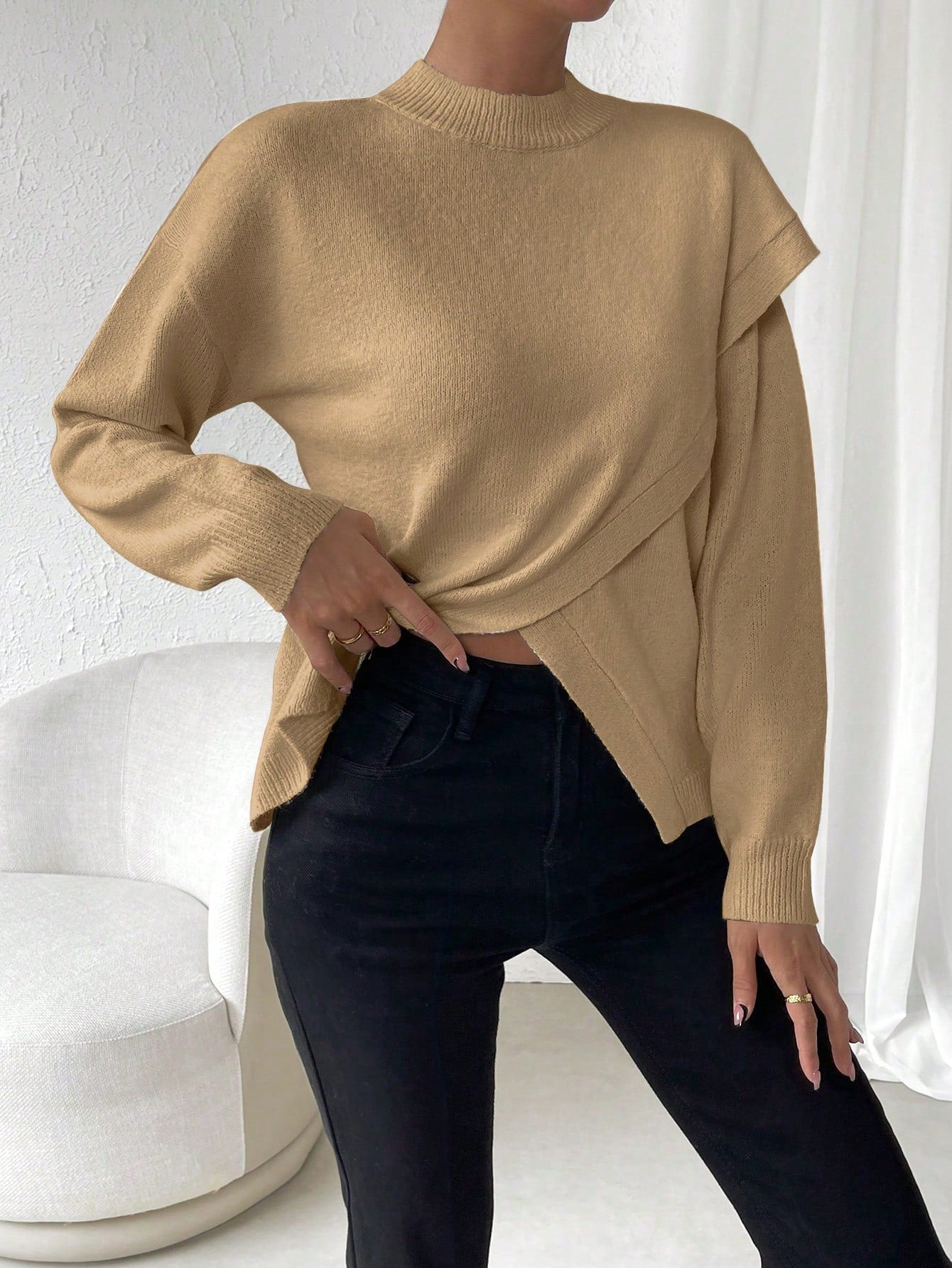 LUNE Solid Drop Shoulder Wrap Detail Sweater Shein