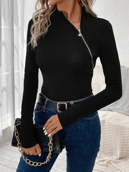 LUNE Zip Up Solid Tee Shein