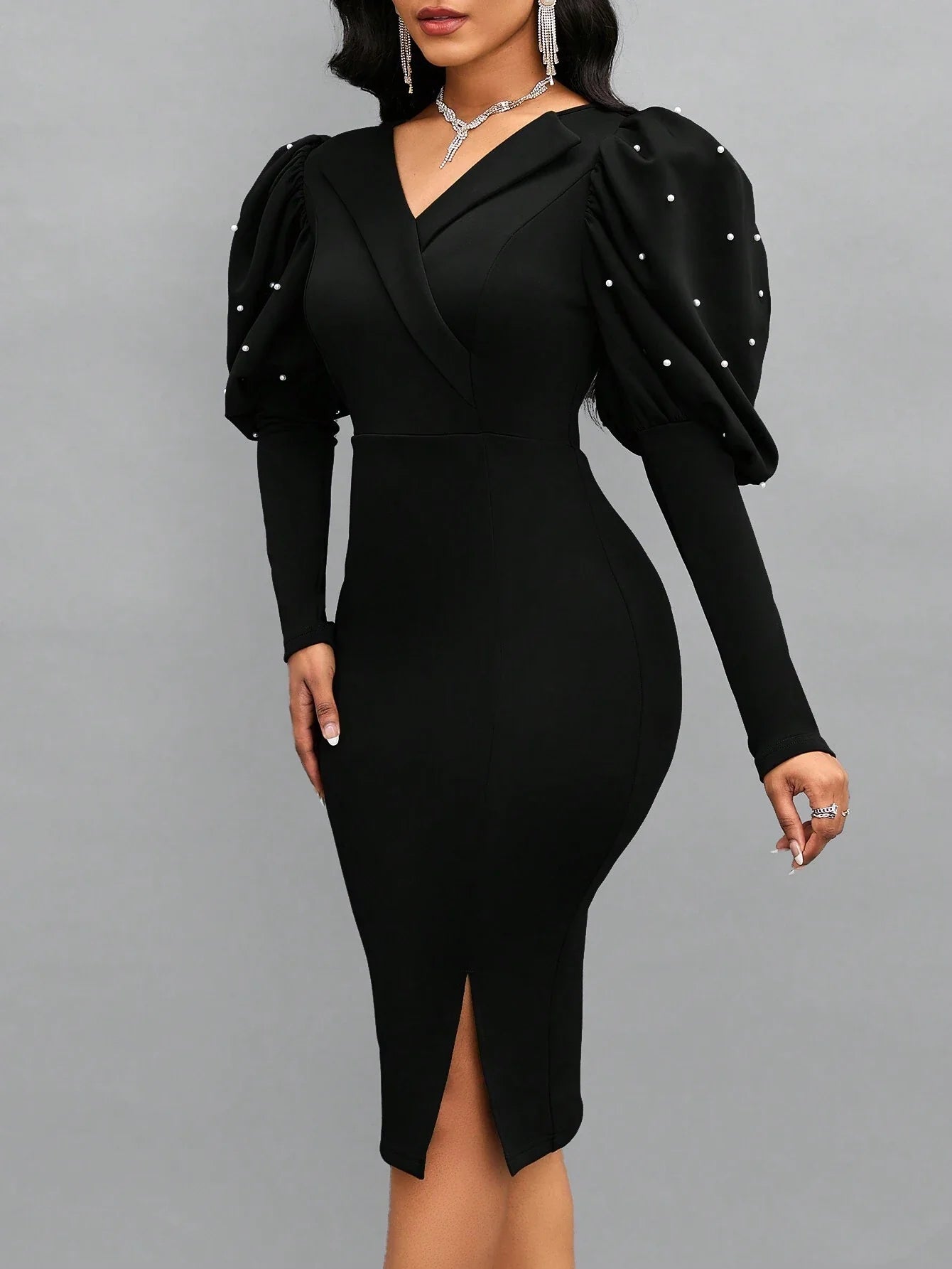 Lady Pearls Beaded Gigot Sleeve Split Hem Bodycon Dress Shein