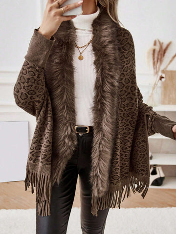 Leopard Pattern Fuzzy Trim Fringe Hem Batwing Sleeve Duster Cardigan Shein