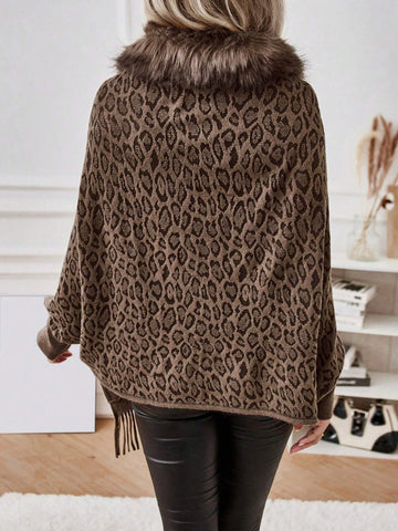 Leopard Pattern Fuzzy Trim Fringe Hem Batwing Sleeve Duster Cardigan Shein