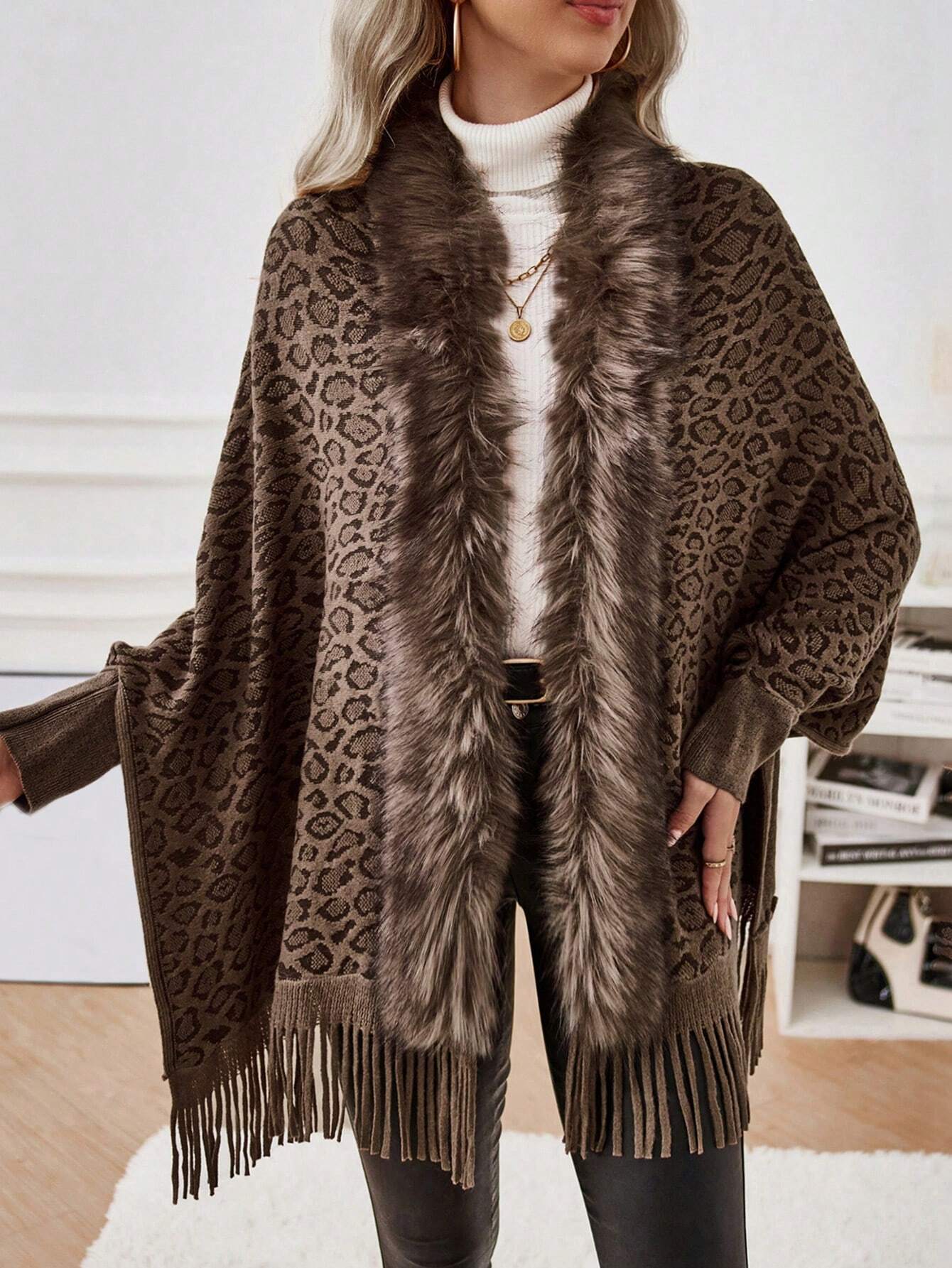 Leopard Pattern Fuzzy Trim Fringe Hem Batwing Sleeve Duster Cardigan Shein