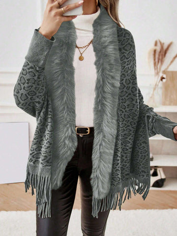 Leopard Pattern Fuzzy Trim Fringe Hem Batwing Sleeve Duster Cardigan Shein