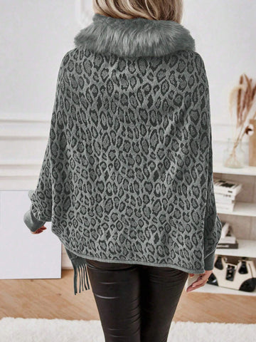 Leopard Pattern Fuzzy Trim Fringe Hem Batwing Sleeve Duster Cardigan Shein