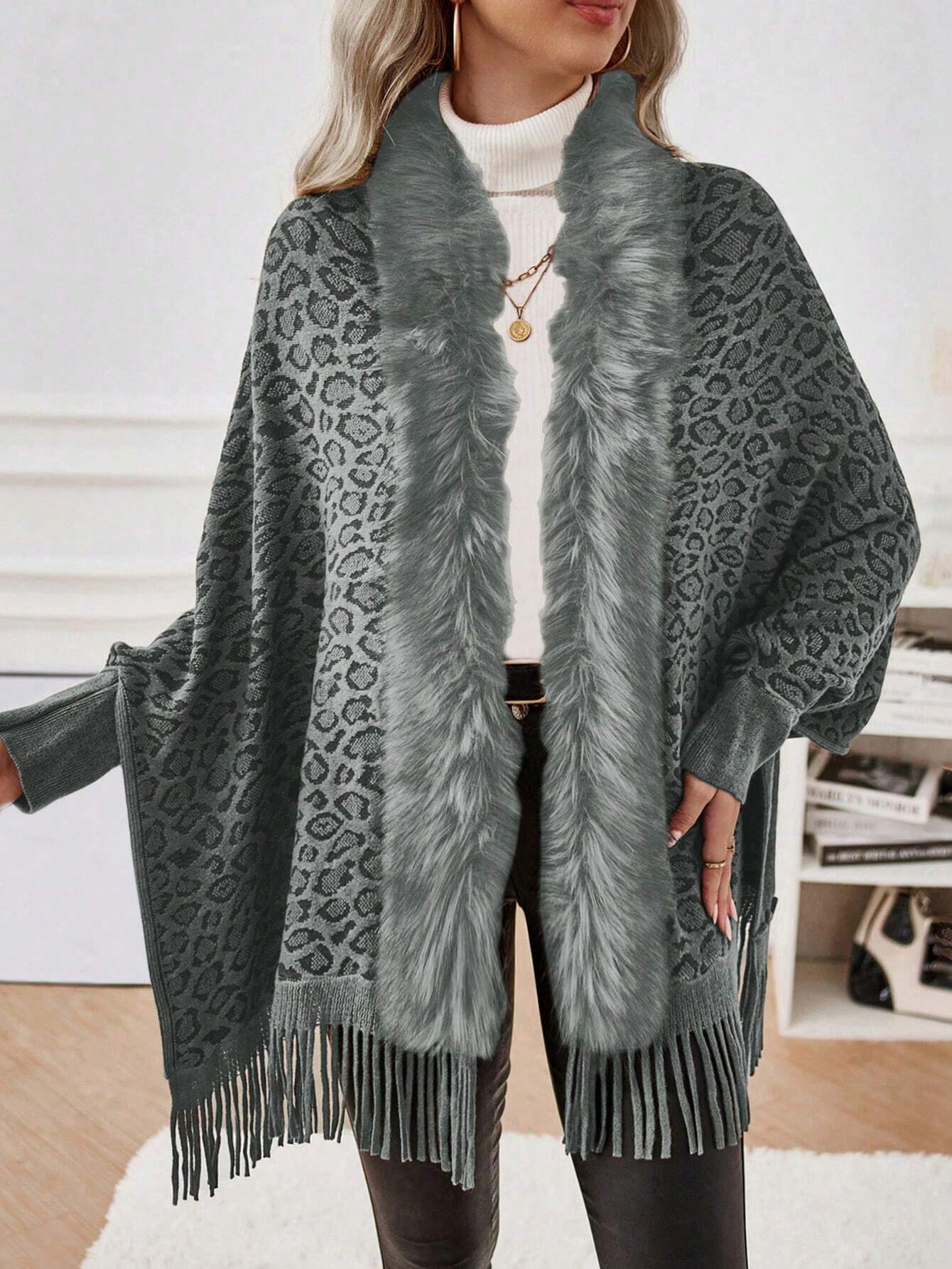 Leopard Pattern Fuzzy Trim Fringe Hem Batwing Sleeve Duster Cardigan Shein