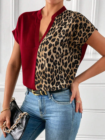 Leopard Print Notched Neck Batwing Sleeve Blouse Shein