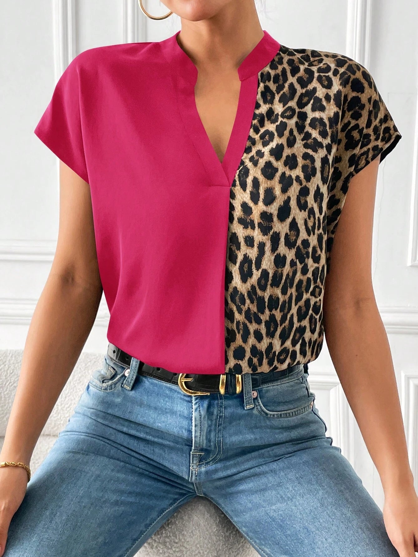 Leopard Print Notched Neck Batwing Sleeve Blouse Shein