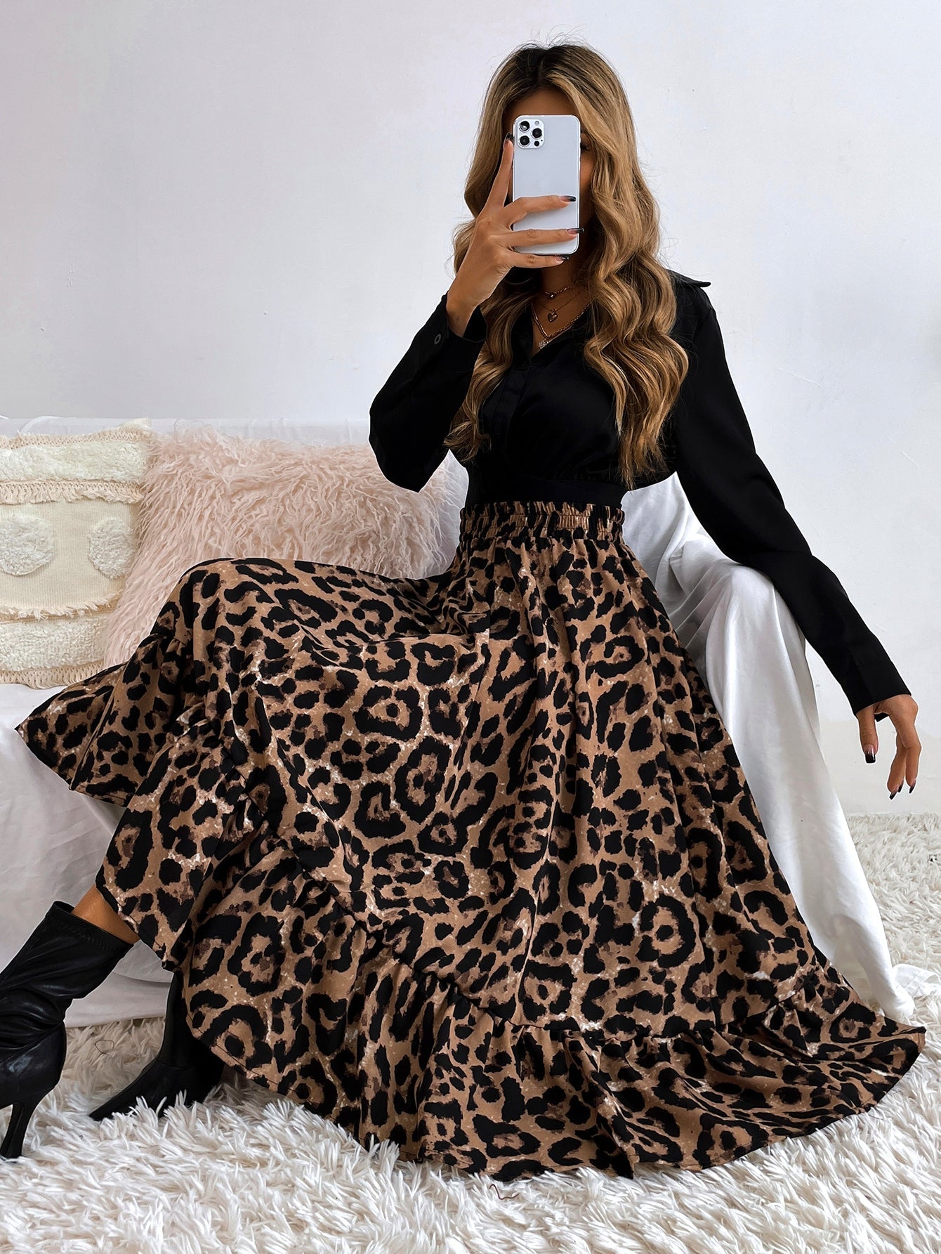 Leopard Print Ruffle Hem Skirt Shein