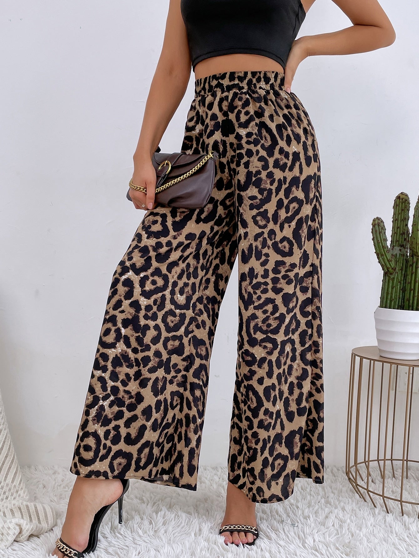 Leopard Print Wide Leg Pants Shein