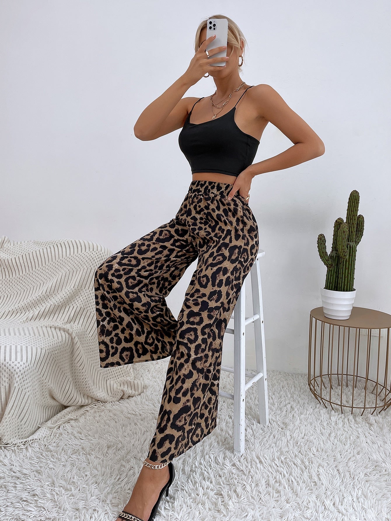 Leopard Print Wide Leg Pants Shein