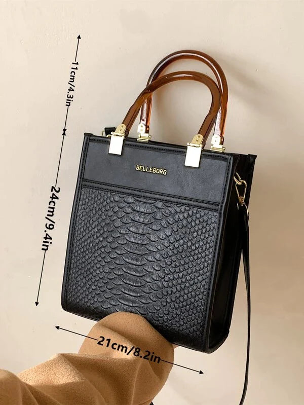 Letter Graphic Snakeskin Embossed Square Bag Shein