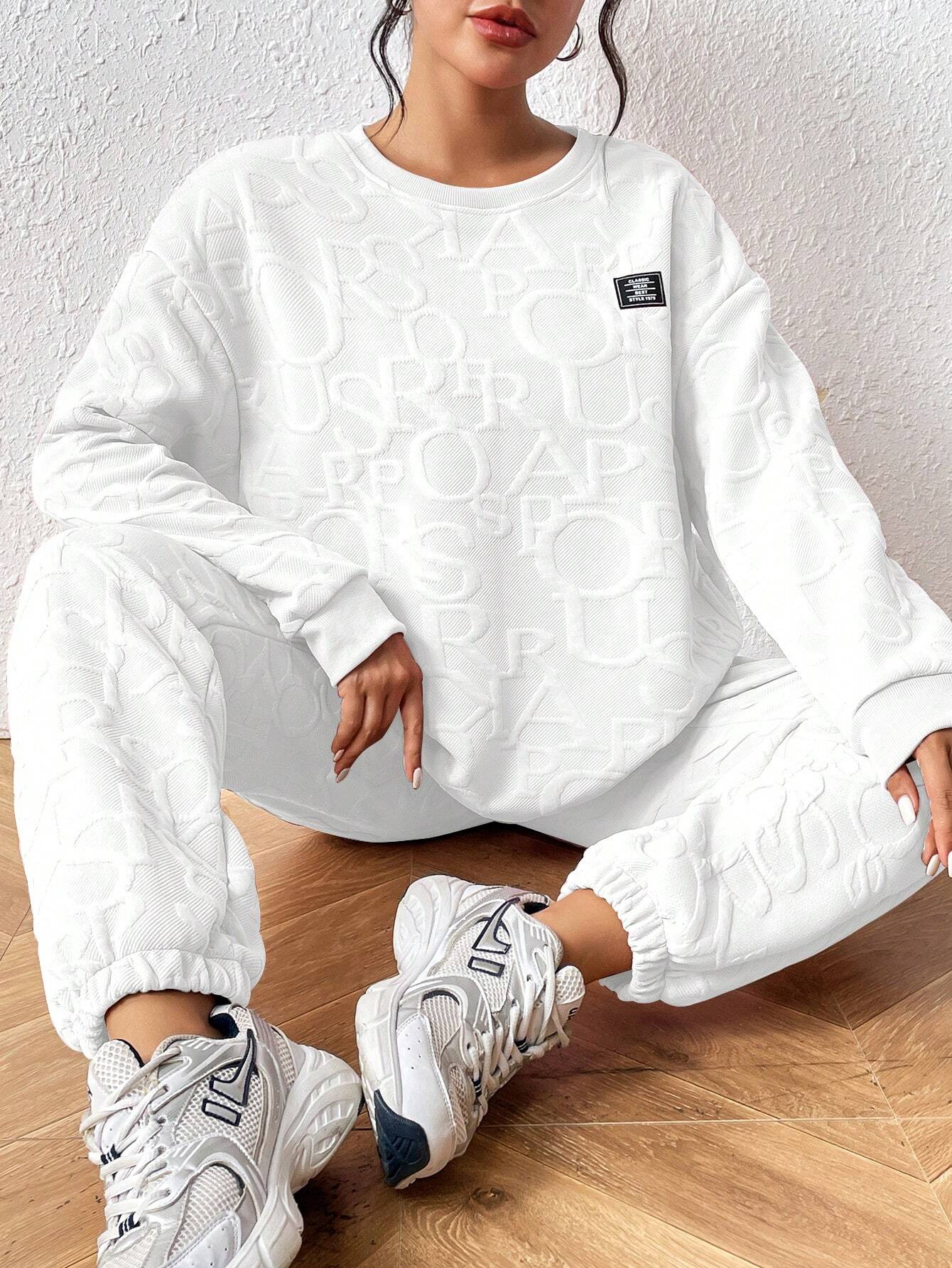 Letter Patched Detail Sweatshirt & Sweatpants Shein