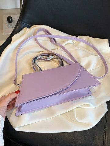 Long Asymmetrical Fashion Metal Clutch Bag With Flap Shein