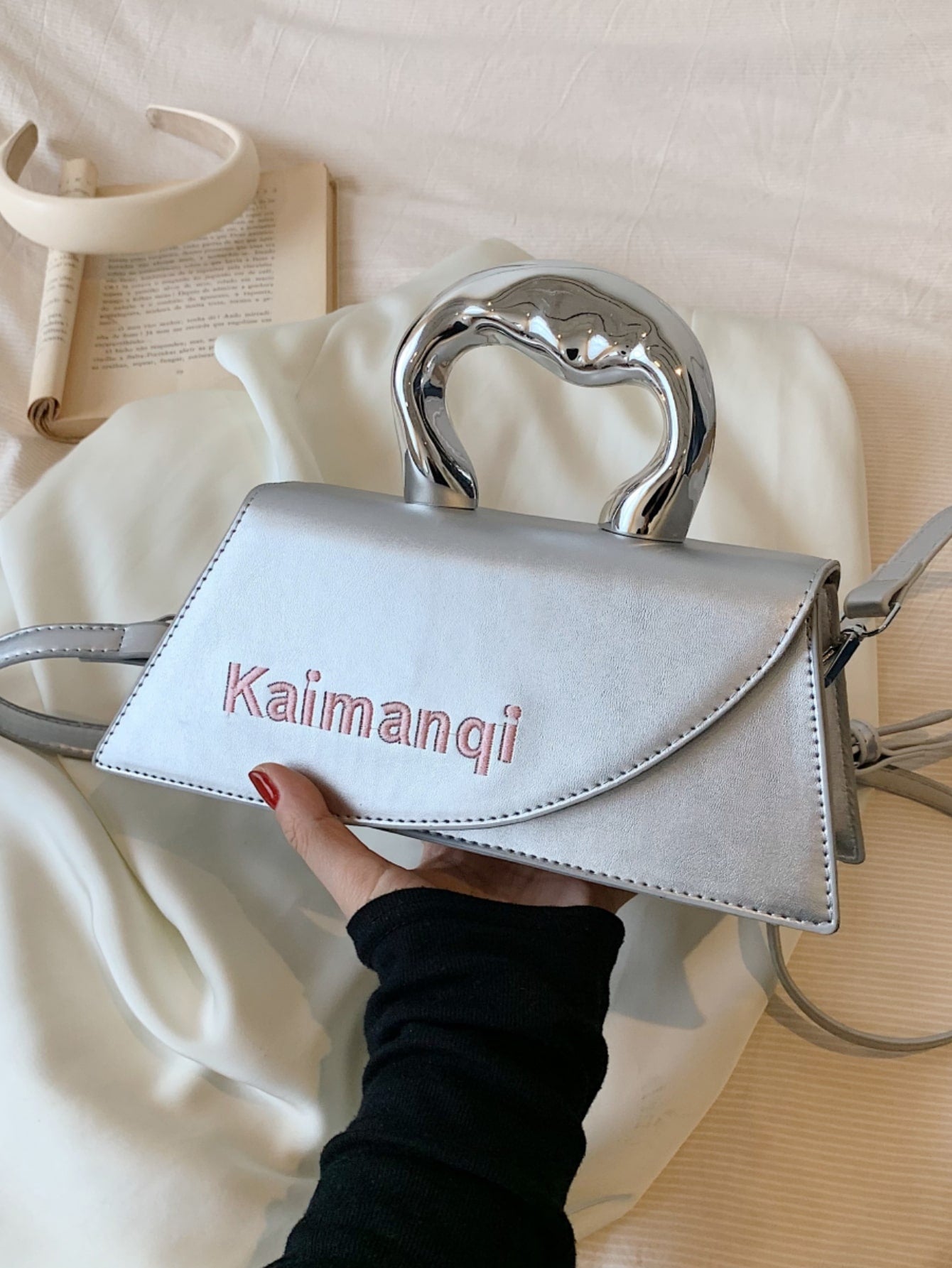 Long Asymmetrical Fashion Metal Clutch Bag With Flap Shein