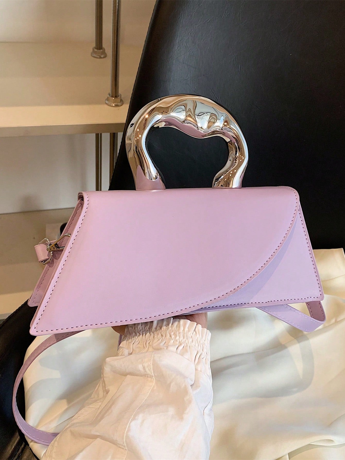 Long Asymmetrical Fashion Metal Clutch Bag With Flap Shein