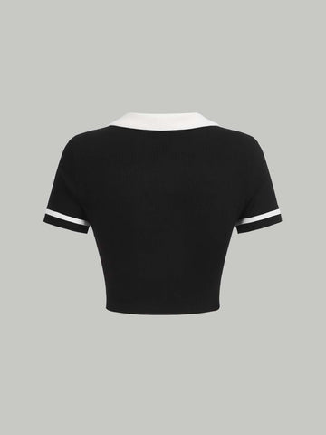 Contrast Collar Contrast Binding Crop Tee Shein