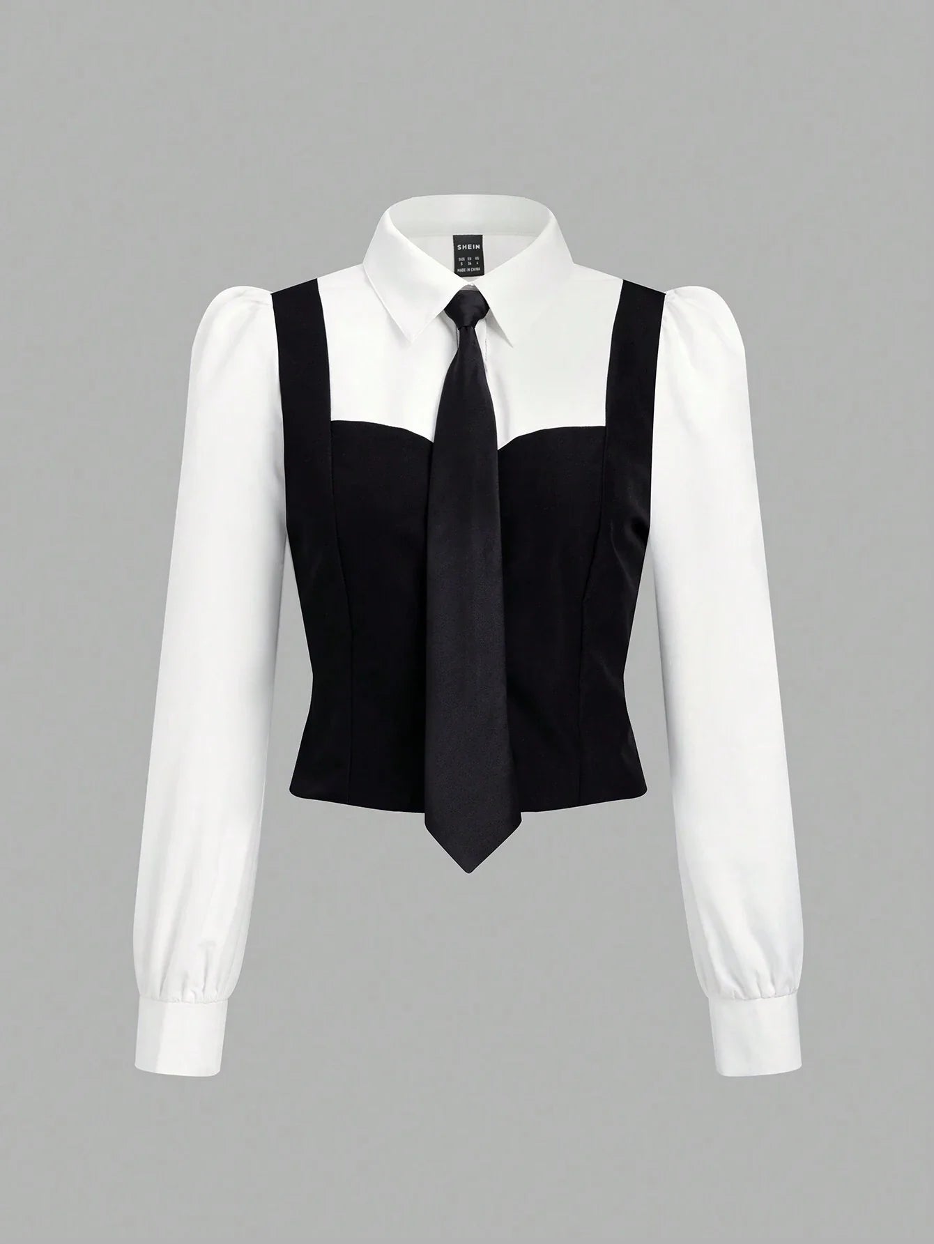 MOD Puff sleeve 2 in 1 Color Block Shirt Top Shein