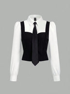MOD Puff sleeve 2 in 1 Color Block Shirt Top Shein