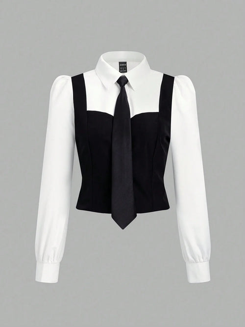 MOD Puff sleeve 2 in 1 Color Block Shirt Top Shein