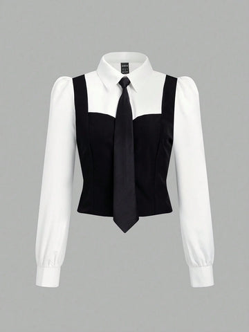 MOD Puff sleeve 2 in 1 Color Block Shirt Top Shein