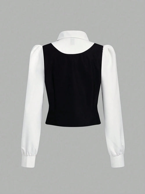 MOD Puff sleeve 2 in 1 Color Block Shirt Top Shein