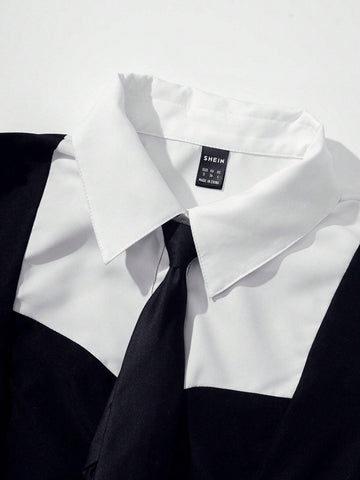 MOD Puff sleeve 2 in 1 Color Block Shirt Top Shein