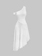 MOD Solid Asymmetrical Neck Dress Shein