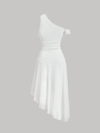 MOD Solid Asymmetrical Neck Dress Shein