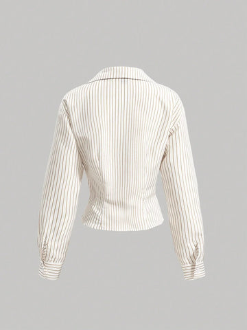 MOD Striped Pleated Waist Long Sleeve Shirt Shein