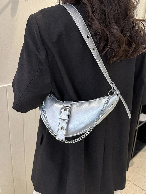 Metallic Buckle & Chain Decor Saddle Bag Shein