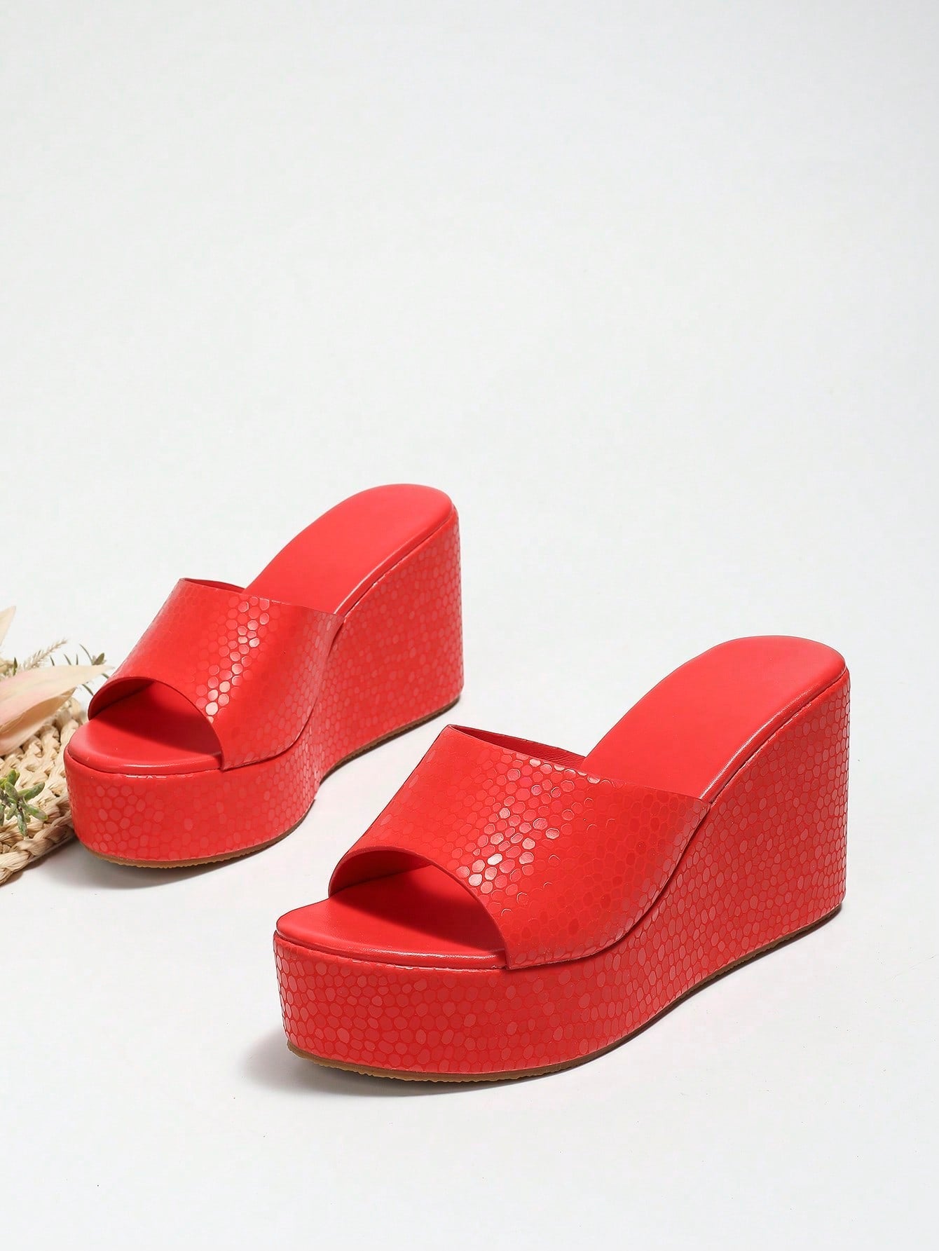 Metallic Crocodile Embossed Wedge Slide Sandals Shein