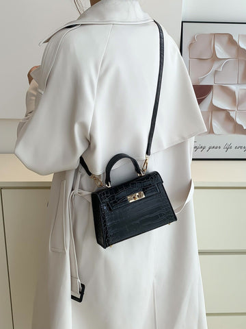 Mini Crocodile Embossed Twist Lock Flap Square Bag Shein