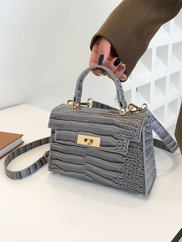 Mini Crocodile Embossed Twist Lock Flap Square Bag Shein