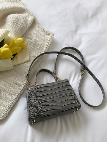 Mini Crocodile Embossed Twist Lock Flap Square Bag Shein