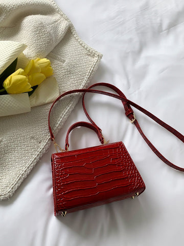 Mini Crocodile Embossed Twist Lock Flap Square Bag Shein