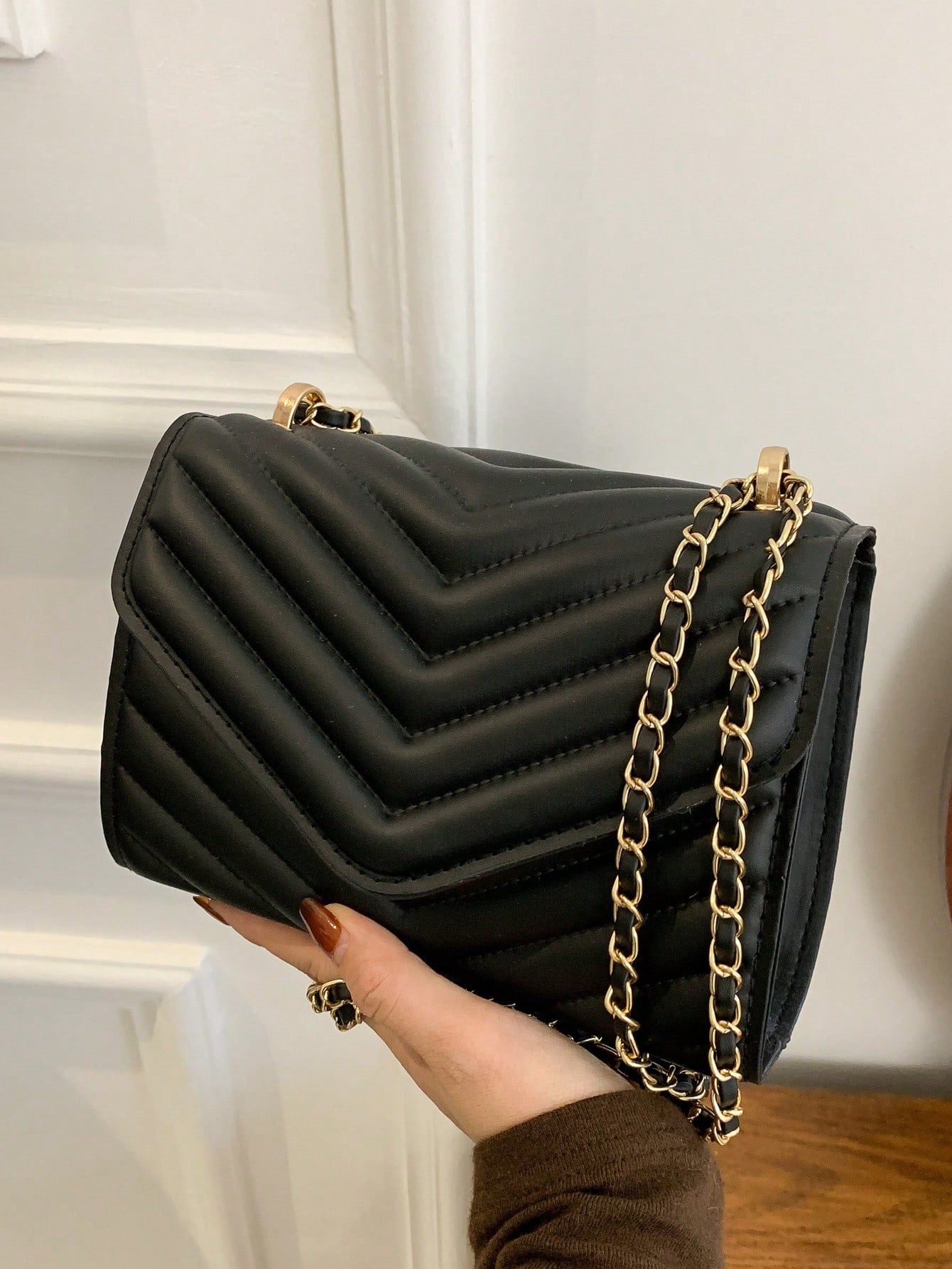 Mini Square Bag Chevron Pattern Black Flap Chain Strap Shein