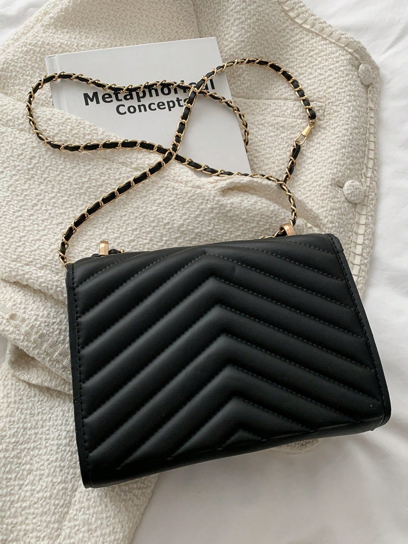 Mini Square Bag Chevron Pattern Black Flap Chain Strap Shein