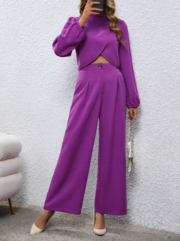 Mock Neck Lantern Sleeve Crop Top & Wide Leg Pants Shein