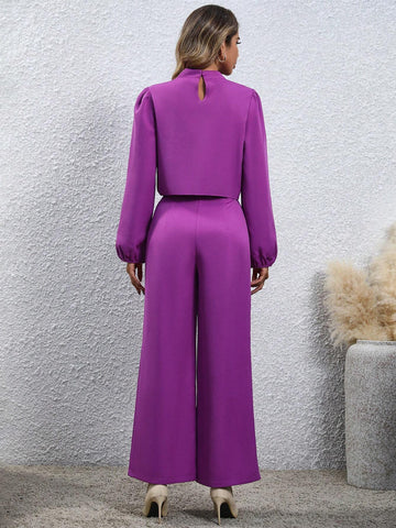 Mock Neck Lantern Sleeve Crop Top & Wide Leg Pants Shein